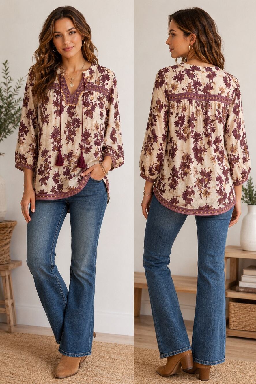 GIGIO USA Floral Boho Tunic Blouse Embroidered Trim Tassel Tie Cream Burgundy L
